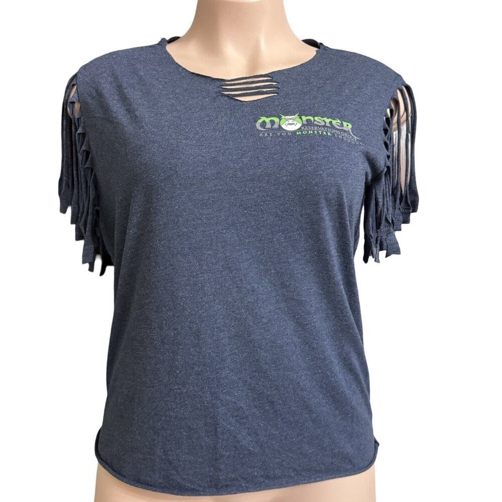 MONSTER RESERVATIONS Fabric Fringe-Cut Top Tee Large Blue/Gray Shredded‎ Back